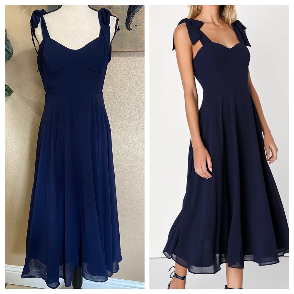 Lulu's Navy Blue Bow Strap Midi Dress